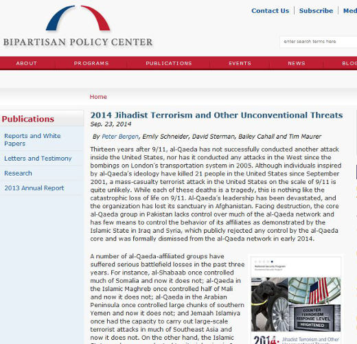 Bipartisan Policy Center recently published its 2014 report on terrorism and other unconventional attack risks