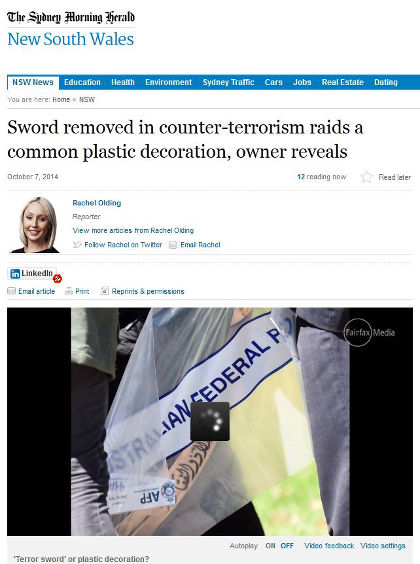Plastic sword collected as evidence in Aussie terrorism raid