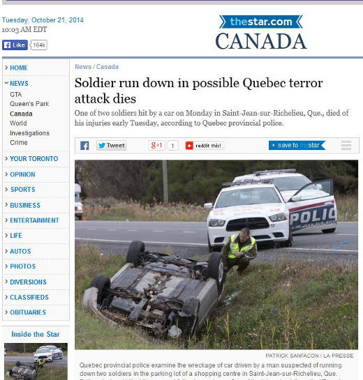 Overturned car of radicalized Quebecer Martin Rouleau (Ahmad LeConverti)