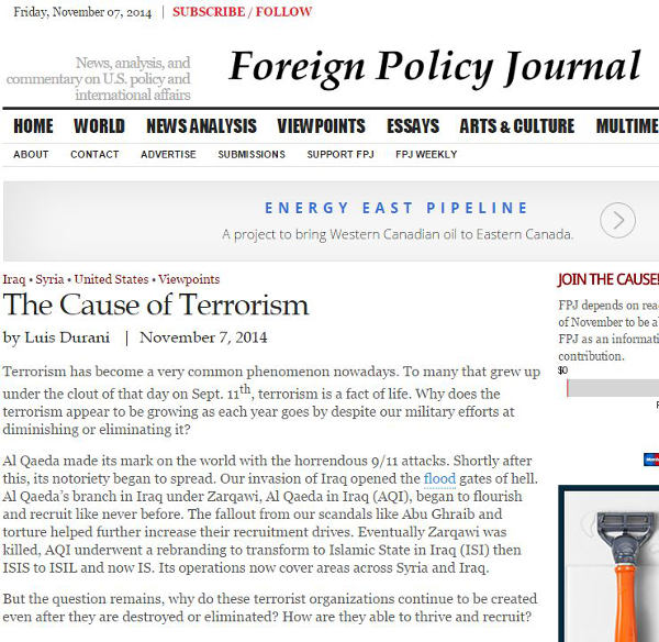 Oil and Gas industry veteran Luis Durani writes about his views on the cause of terrorism in Foreign Policy Journal